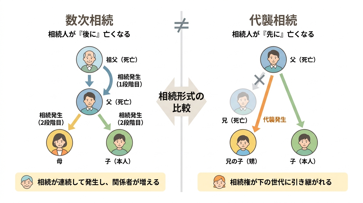 数次相続と代襲相続の違いを図解で比較。数次相続は相続人が後に亡くなるケース、代襲相続は相続人が先に亡くなるケースであることが示されている。