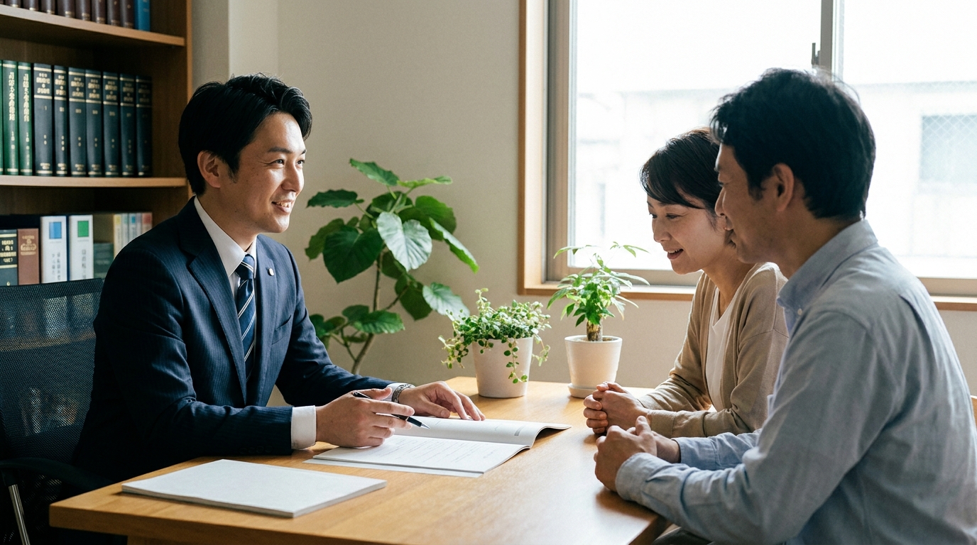宇都宮市の司法書士おおもり事務所で、司法書士が複雑な相続について相談者に丁寧に説明している様子。