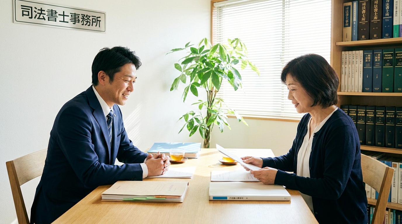 司法書士おおもり事務所で、相続手続きについて相談しているお客様。司法書士が親身に話を聞き、安心感を与えている。