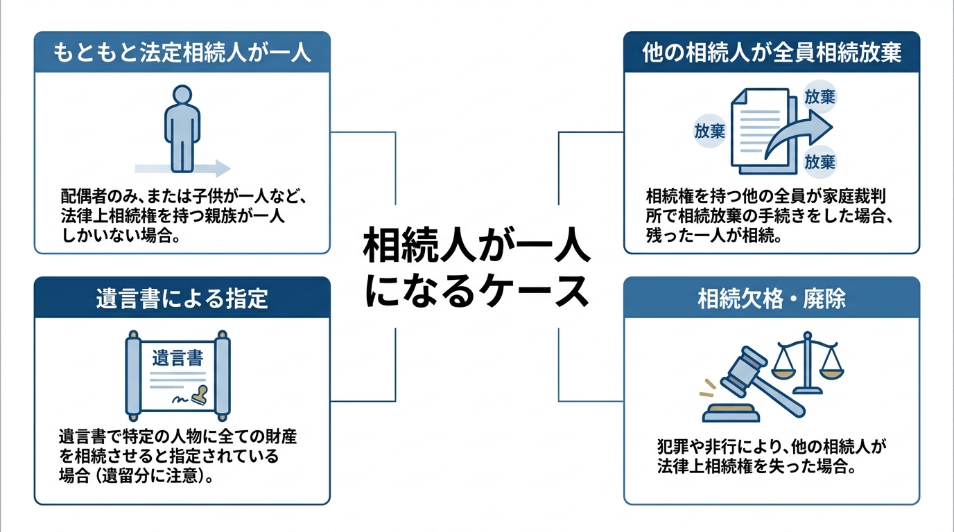 相続人が一人になる4つのケースを解説する図解。もともと法定相続人が一人、他の相続人が全員相続放棄、遺言書による指定、相続欠格・廃除の4パターンがアイコン付きで示されている。