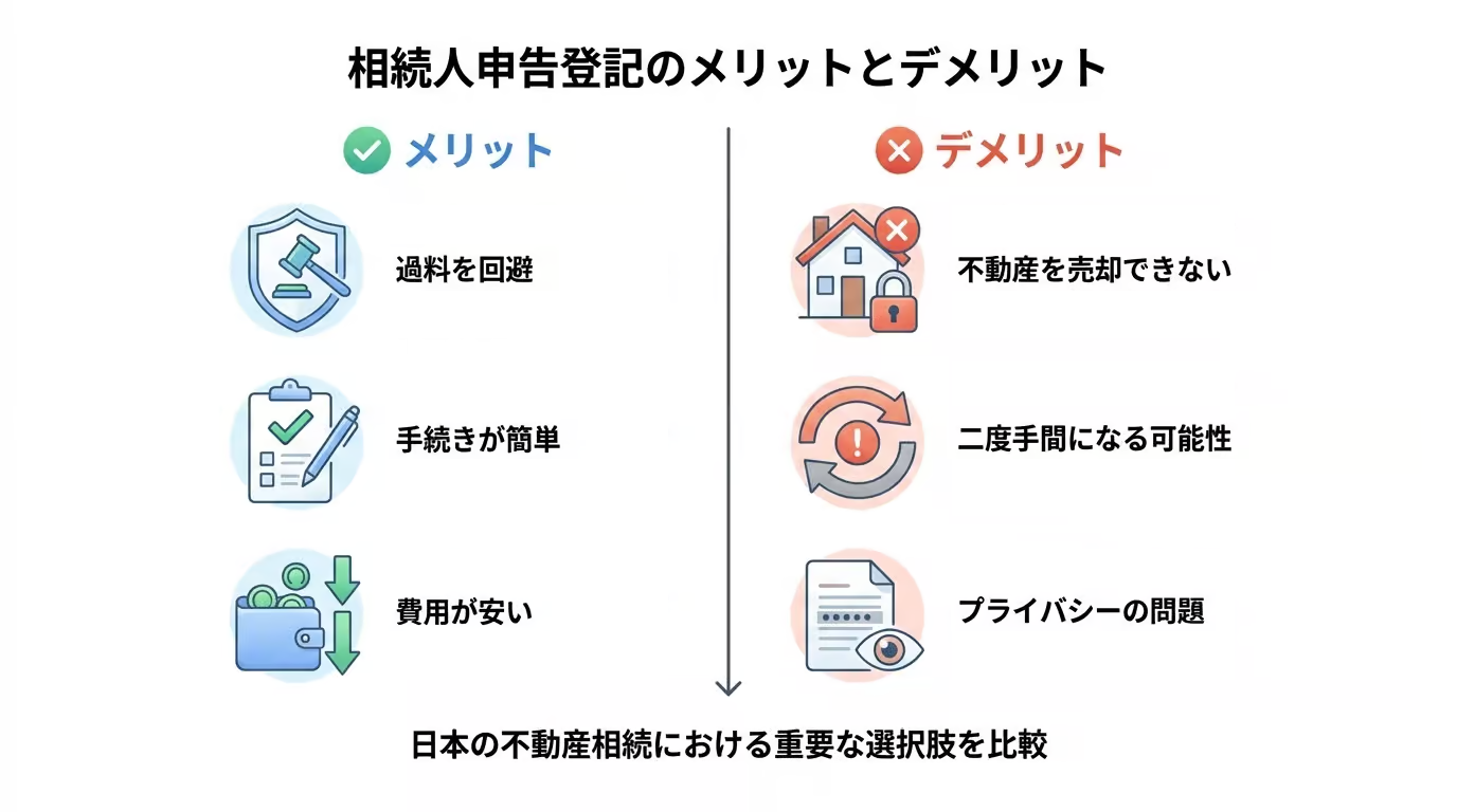 相続人申告登記のメリット(過料回避、手続き簡単、費用が安い)とデメリット(売却不可、二度手間、プライバシー)を比較した図解。