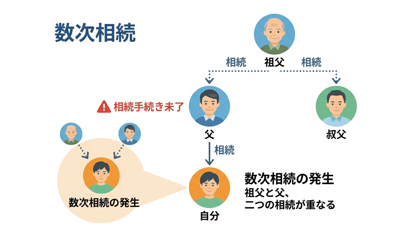 数次相続の仕組みを説明する図解。祖父が亡くなり、その相続手続きが終わらないうちに父も亡くなったため、最終的に自分が祖父と父の両方の相続手続きに関わることになる複雑な状況が示されている。