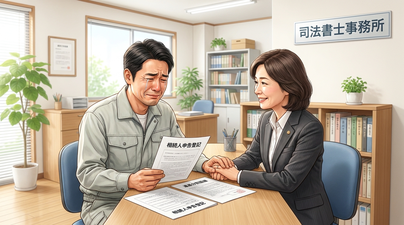 遺産分割協議がまとまらず悩んでいた男性が、司法書士に相続人申告登記を提案されて安心している相談風景のイラスト。