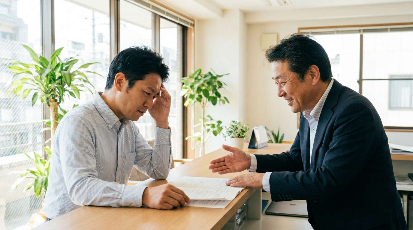 司法書士事務所で、相続手続きに不安を感じる男性が専門家である司法書士に相談し、アドバイスを受けている。