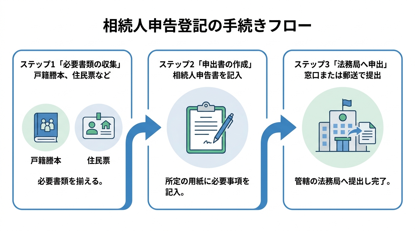 相続人申告登記の手続きの流れを3ステップ(書類収集→申出書作成→法務局へ申出)で示したフローチャート図解。